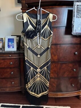 Flapper women’s size small Black & Gold Art Deco Midi Dress with Fringe